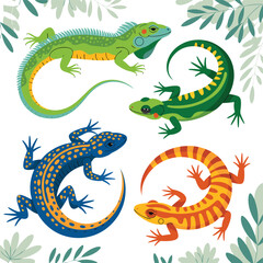Cartoon Lizards Illustration Green Iguana, Dark Green Lizard, Blue Gecko, and Orange Striped Lizard