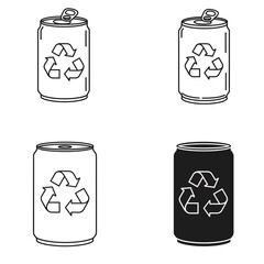 Recyclable soda cans with recycling symbols in different styles and colors