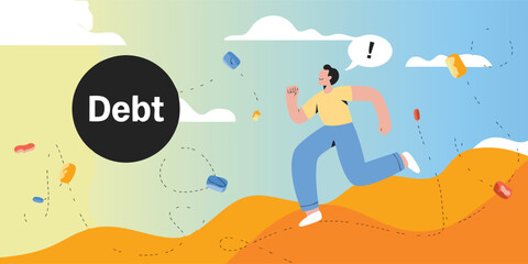 Obraz premium Cartoon Man Running Away from Debt Illustration with Exclamation Point in the Sky Above Him
