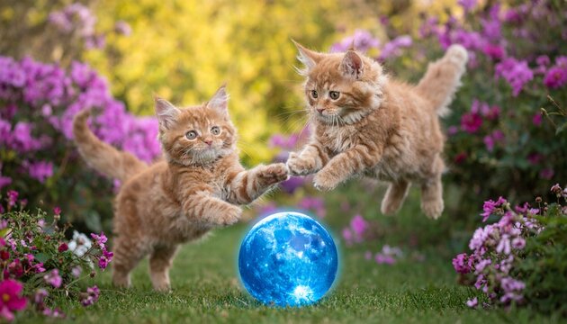 Two Orange Kittens Playing with Glowing Blue Sphere, Generated with AI. - Powered by Adobe