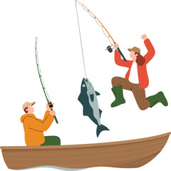 Cartoon of Fishermen in Boat Catching Fish, One Jumping in Joyful Celebration