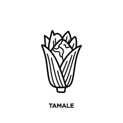 A black and white line drawing of a tamale in a leaf wrapper