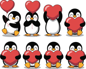 Cartoon Penguins Holding Red Hearts Love, Valentine's Day, Cute Animals, Happy Feelings