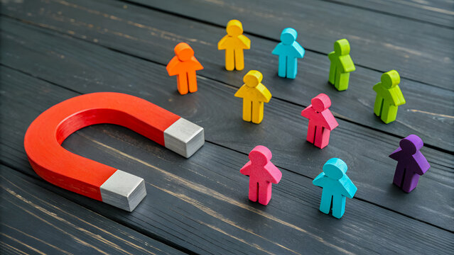 Conceptual image showing magnet attracting colorful people icons, symbolizing leadership, social influence, customer attraction, business growth, and recruitment.
