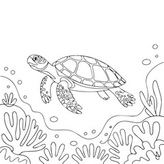 Continuous line of a sea turtle .Single one line art of wild sea turtle , One continuous line illustration of an sea turtle isolated on white background.