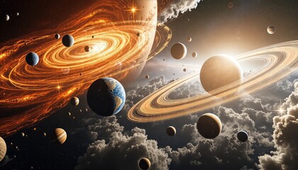 Planetary alignment showcases orbital harmony amidst celestial clouds, featuring diverse worlds and rings in a mesmerizing cosmic dance