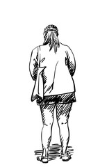 Hand-drawn vector sketch of a middle-aged woman standing, rear view. Wearing summer sandals, shorts, long-sleeve blouse, and fabric shoulder bag. Loose realistic line art on white