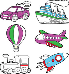 Cartoon Transportation Icons Car, Boat, Balloon, Airplane, Train, and Rocket Illustration for Kids
