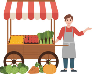 Cartoon Vendor With Fresh Produce Cart Featuring Peppers, Tomatoes, Leeks, Spinach, Carrots and Pumpkin