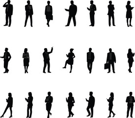 Business people silhouette collection, office workers, teamwork, communication, leadership, professional group, career, collaboration, standing, walking, talking, discussion, presentation, modern 