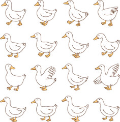 Cartoon White Duck Pattern Walking, Standing, and Flapping Wing Illustrations on White Background