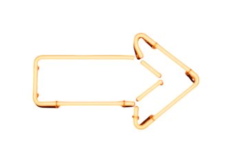 Bright orange neon arrow pointing right isolated on transparent background