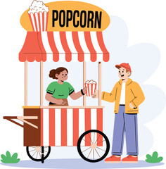 Cartoon Woman Selling Popcorn to a Man at a VintageStyled Stand with Wheels