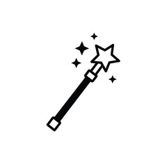 A black and white illustration of a magic wand with sparkles and a star on top