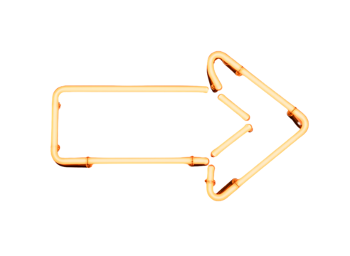 Bright orange neon arrow pointing right isolated on transparent background