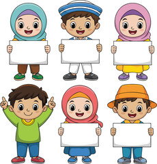 Cheerful Cartoon Children Holding Blank White Signs Diverse Group Ready for Message