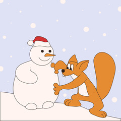 Winter. Vector illustration of cute kids squirrel with snowman. Fun child Winter poster perfect for children interior room bedroom design. Winter greeting card cover template design. EPS 10