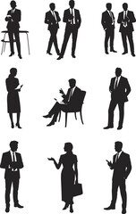 Business silhouettes, office people, corporate professionals, teamwork poses, executives, managers, staff communication, company employees, leadership roles, office lifestyle illustration