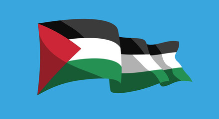Palestinian Flag Waving Proudly in the Wind Against a Light Blue Sky