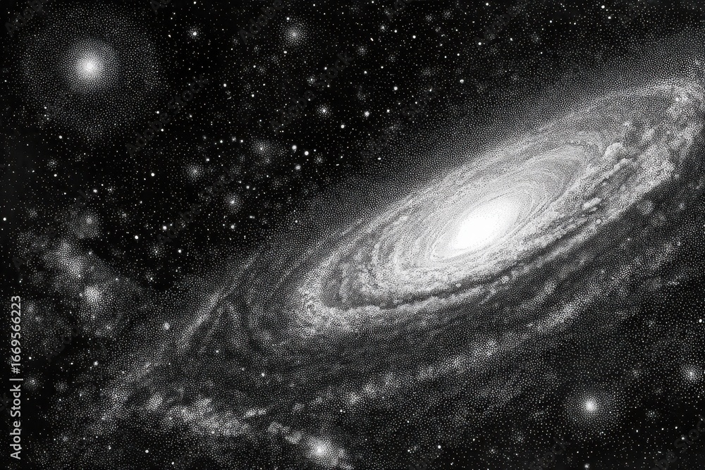 Aufkleber exploration of a deep space galaxy with a stippling technique creating intricate details in a cosmic