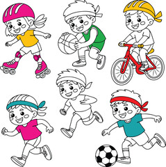 Children Engaging in Various Sports and Activities Roller Skating, Basketball, Biking, Running, Soccer