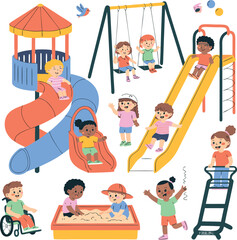Children Playing on Slides, Swings, and Sandbox in a Colorful Playground Cartoon