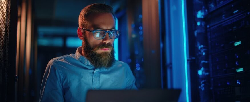 The Bearded Technician Working on Laptop in Blue-Lit Server Room at Night