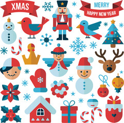 Christmas Holiday Icons Pattern with Santa, Snowflakes, Christmas Tree, Gift, and Decorations