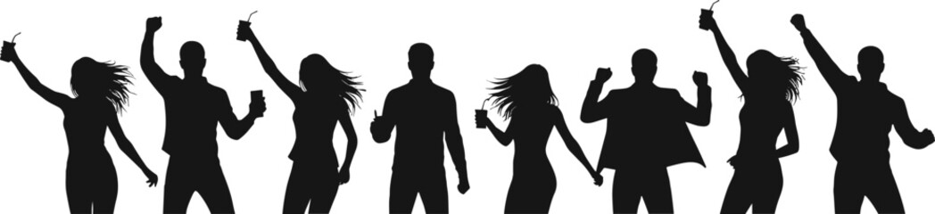 Dancing people silhouette, group party celebration, friends enjoying nightlife, music festival fun, energetic motion crowd, club entertainment, joyful lifestyle, happy youth event