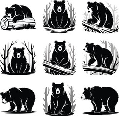 Collection of Black Bear Illustrations Sitting, Standing, and Lying Down in Different Positions