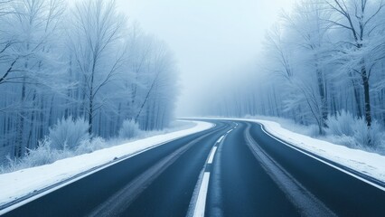 Obraz premium Winding Road Through a Snow- Covered Winter Forest