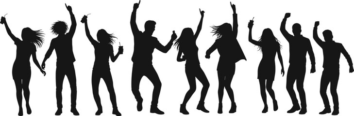Group dance silhouette, people celebrating, friends party night, music festival fun, energetic motion, nightlife entertainment, dancing crowd, lifestyle event, joyful celebration illustration