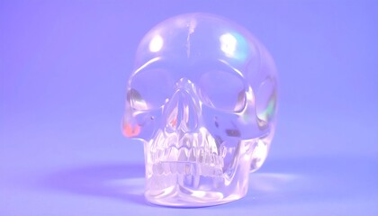 A clear, translucent skull model, illuminated by ambient light, sits against a soft, lavender backdrop.