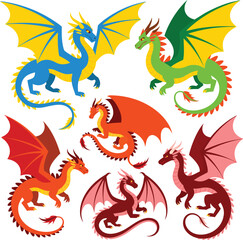 Collection of Colorful Cartoon Dragons with Wings Blue, Green, Red and Orange Dragons