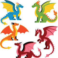 Colorful Cartoon Dragons Blue, Green, Orange, and Red Dragon Illustrations with Wings