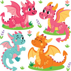 Colorful Cartoon Dragons Pink, Teal, and Orange Dragons with Wings, Horns, and Tails