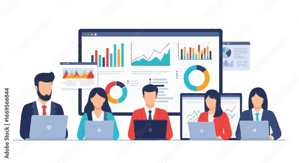 Leinwandbilder flat vector illustration of data analytics | faceless analysts with laptops in front of a giant dash