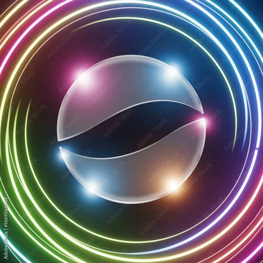 Poster abstract image featuring a split sphere with colorful neon rings around it on a dark background