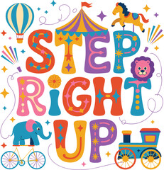 Colorful Circus Invitation Featuring Cartoon Animals, Hot Air Balloon, Tent, and Train Illustration