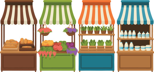 Colorful Farmers Market Stalls With Fresh Bread, Vegetables, Plants, and Dairy Products Illustration