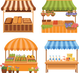 Colorful Illustration of Four Market Stalls Selling Bread, Produce, Flowers, and Dairy Products