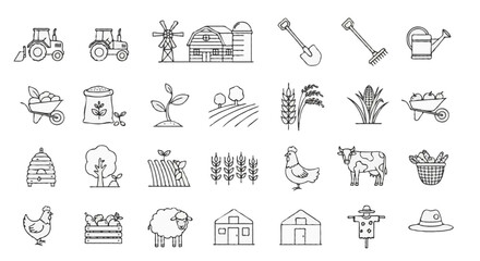 Vector icon set of agriculture and farming theme in outline style, simple black lines with no color fill. Include unique icons such as tractor, barn house, windmill, silo, watering can, shovel, rake