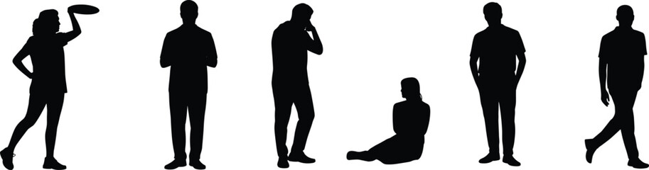 Silhouette people poses vector, man walking, woman standing, sitting figure, casual lifestyle illustration, playing activity, human posture collection