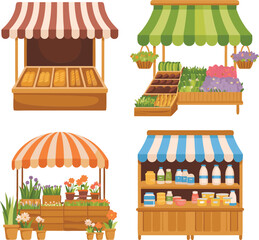 Colorful Illustration Featuring Four Different Types of Market Stalls Selling Varied Products