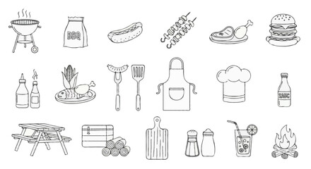 Vector icon set of BBQ and grilling theme in outline style, simple black lines with no color fill. Include unique icons such as grill with smoke, charcoal bag, barbecue skewer with meat and vegetables