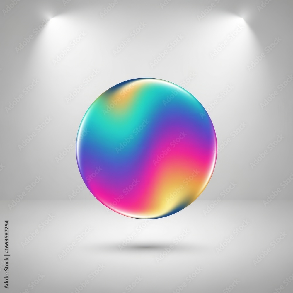 Poster a colorful sphere floating in a gray room illuminated by two spotlights from the top corners of the 