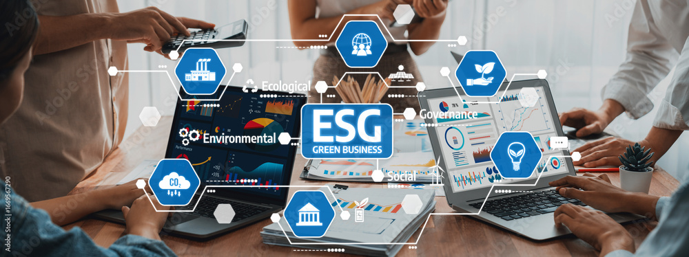 Poster engaging scene in a collaborative workspace focusing on esg principles for green business. laptops d