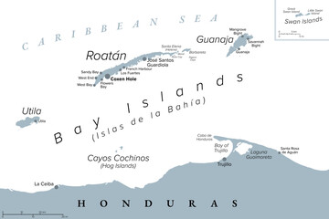 Bay Islands, Honduras, gray political map. Bay Islands Department, island group off the Caribbean coast of Honduras, with capital Coxen Hole. Roatan, Guanaja, Utila, Swan Islands, and Cayos Cochinos.