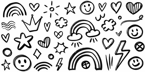 Black and white hand drawn doodle icons including rainbows smiley faces hearts and stars