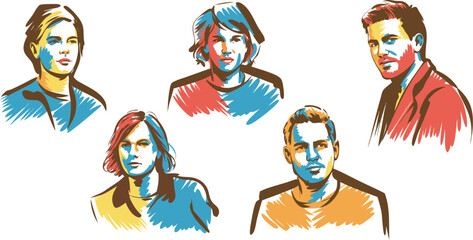 Colorful Sketch Portraits Five Distinct Individuals Illustrated with Vibrant Brushstrokes and Simplified Art Style